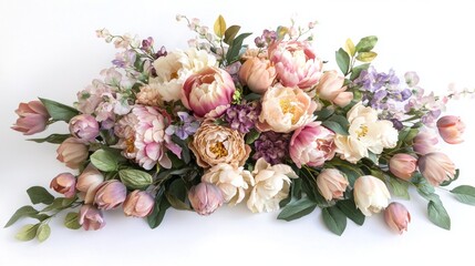 Elegant bouquet of pastel-colored flowers including peonies and tulips on a white background.