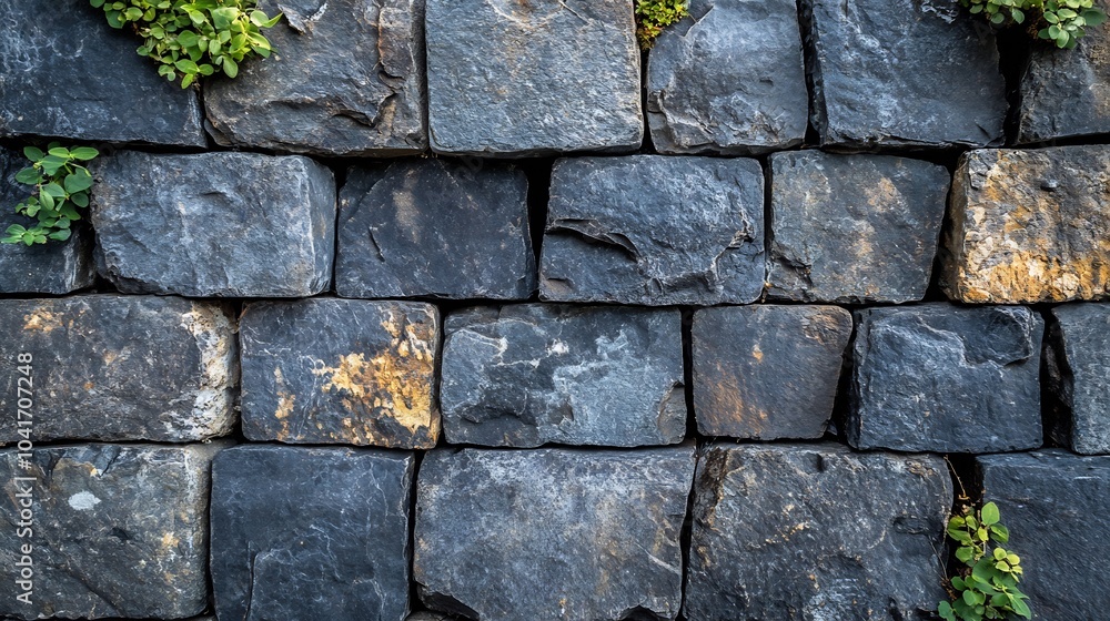 Poster stone wall with a variety of rounded and jagged stones in cool gray hues forming a balanced and time