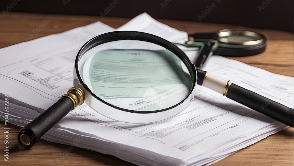 Poster a stack of report paper pages and a magnifying glass. idea of commerce and