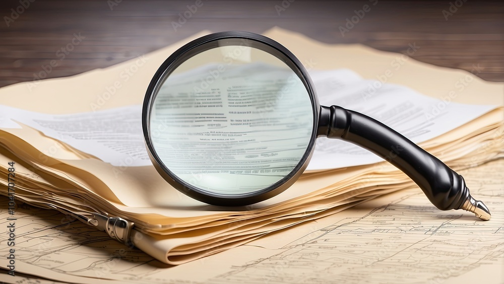 Poster a stack of report paper pages and a magnifying glass. idea of commerce and