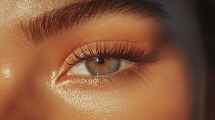 Fototapeta premium Extreme close-up of a beautiful female eye with natural makeup, sharp lashes, and a soft glow for a minimalistic, elegant beauty look.