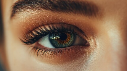 Obraz premium Extreme close-up of a woman's eye with flawless natural makeup, detailed lashes, and softly defined brows for a high-fashion beauty look.
