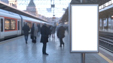 Mockup. Lightbox vertical billboard with blank digital screen on a train station. white blank poster advertisement Public information boards stand at stations in front of people and trains.
