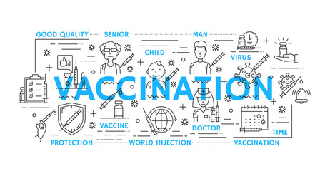 Vaccination line icons of syringe, needle, vaccine dose, doctor, covid or corona virus cells, vector medicine and health care. Vaccine vial, drugs bottle and vaccination schedule outline symbols