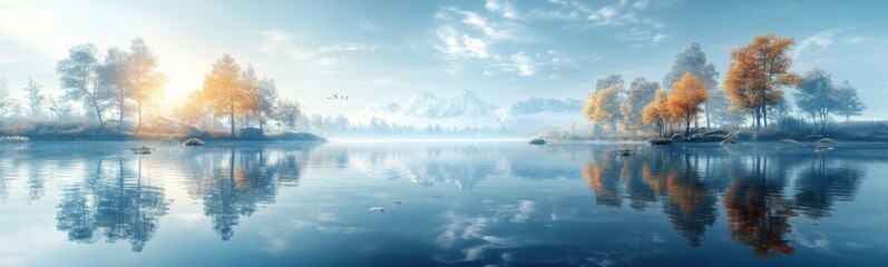 Obraz premium Trees are reflected in the water of a lake with a few birds flying