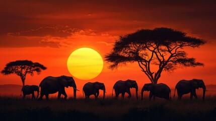 Fototapeta premium Fiery sunset over the African savanna, with a majestic herd of elephants silhouetted, acacia trees completing the dramatic scene