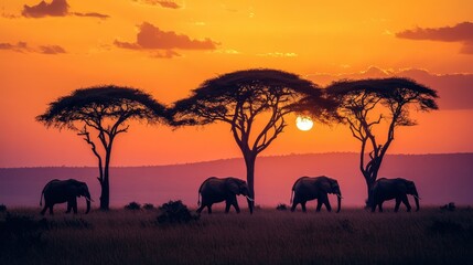 Obraz premium Fiery sunset sky with elephants silhouetted as they cross the savanna, iconic acacia trees completing the dramatic African landscape