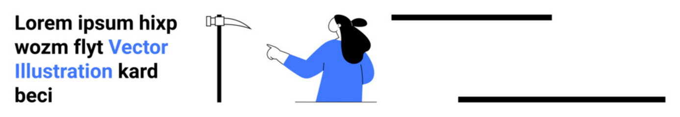 A person with a ponytail, dressed in blue, is pointing towards a hanging scythe. Black lines and placeholder text in different colors are present. Ideal for education, presentations, websites