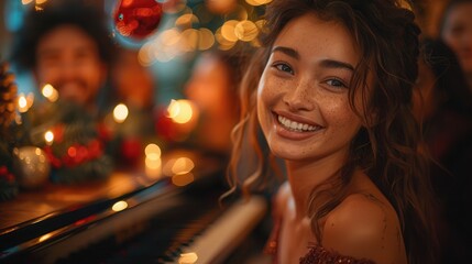 Fototapeta premium Joyful Woman Smiling at Christmas Event with Decorations