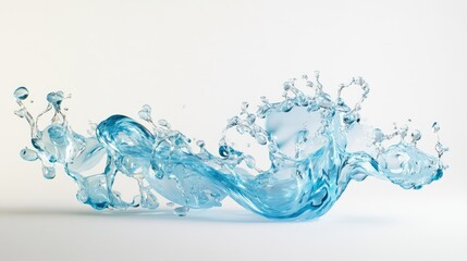 Fluid aqua sculpture suspended in mid-air, with droplets and water swirls frozen in motion, set against a pristine white background.