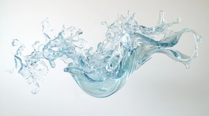 Fluid aqua sculpture suspended in mid-air, with droplets and water swirls frozen in motion, set against a pristine white background.