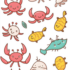 Obraz premium Kawaii Style Sea Creatures Illustration with Crabs and Fish – Cute Hand-Drawn Characters for Children's Products and Designs