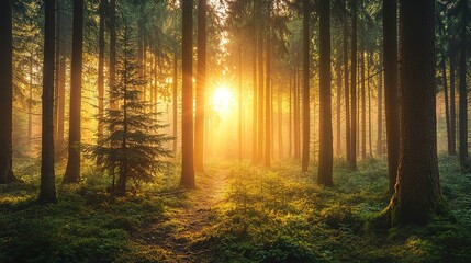 Fototapeta premium Serene Forest at Dawn with Sunlight Through Trees