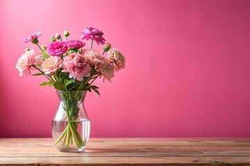 Beautiful arrangement of flowers in a vase on a table against a pink background