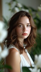 Naklejka premium Portrait of a beautiful woman with wavy hair, dressed in white, posing with a floral background