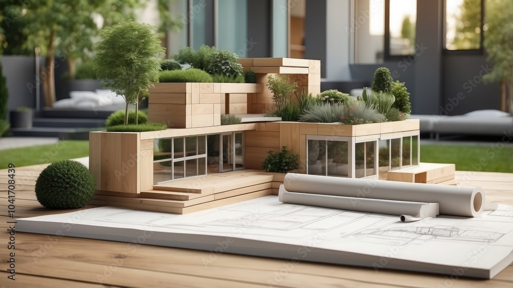 Aufkleber 3d mock-up of a modern, real building block mock-up with paperwork and blueprints on top of