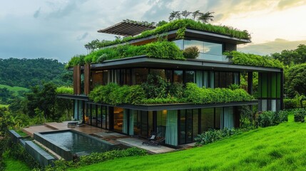 Obraz premium Eco-friendly building practices highlighted in sustainable construction techniques against a lush green landscape background. High quality illustration