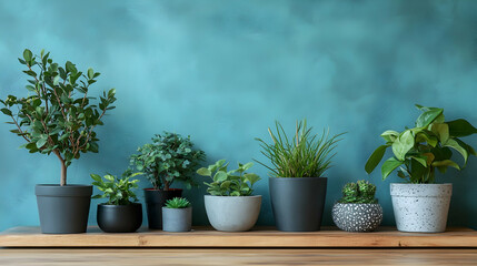 Green Plants in Pots on a Wooden Shelf Against a Teal Wall