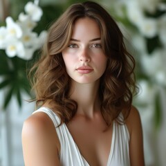 Obraz premium Portrait of a beautiful woman with wavy hair, dressed in white, posing with a floral background