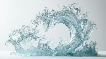 Frozen aqua sculpture with intricate water droplets and waves captured in mid-air, suspended against a clean white background.