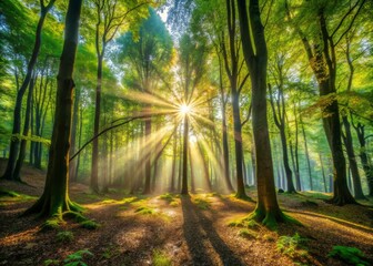 Obraz premium Luminous Sunlight Filtering Through Leafy Canopy Creating a Serene Natural Atmosphere in Forest