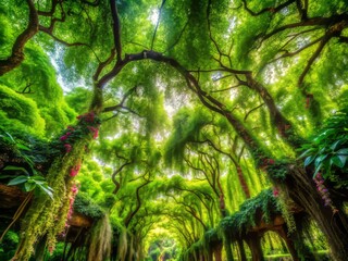 Fototapeta premium Lush Canopy of Vibrant Green Hues Creating a Tapestry of Nature in a Serene Forest Environment