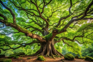 Fototapeta premium Lush Green Leaves Emerging from Twisted Branches of an Ancient Tree in a Natural Forest Setting
