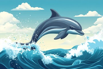 Playful Dolphin Acrobatics: Cartoon Illustration of a Dolphin Performing Flips Over Waves