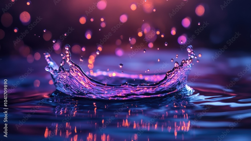 Poster glowing neon water splash captured in mid-motion, droplets creating an abstract pattern on a dark ba