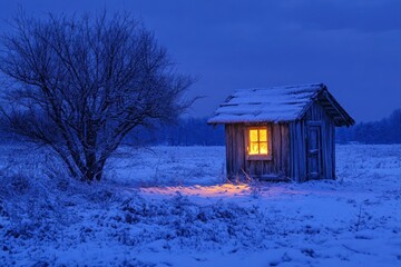 Christmas hut with lighted window in a snowy winter landscape with generative ai