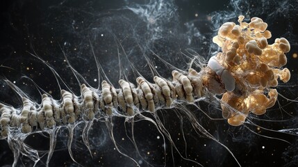 A 3D digital model illustrating the spinal cord's intricate structures, including vertebrae and nerve roots, in a dynamic environment. High quality illustration