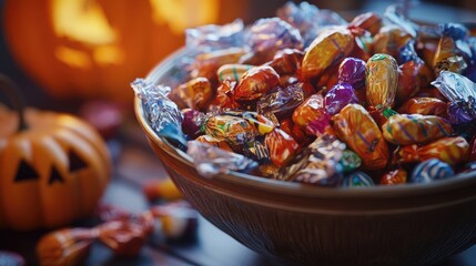 A bowl overflowing with Halloween candy, showcasing the intricate details of wrappers and the textures of various sweets. High quality illustration