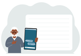 A man holds a mobile phone with correspondence and SMS messages in his hand. Advertising, poster, place for text.