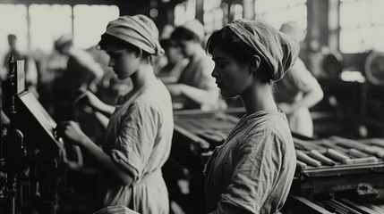 A black-and-white photograph showcasing laborers in a factory from the early 1900s, representing the challenges of industrial work. High quality illustration