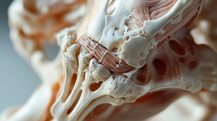 A close-up view of the Achilles tendon attachment, showcasing intricate details against a backdrop of muscle and bone. High quality illustration