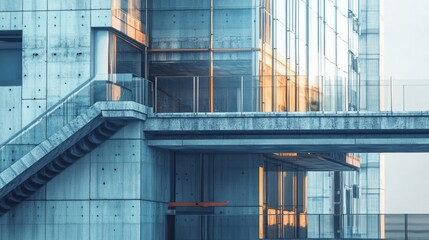 A close-up of modern urban architecture, capturing hyper-realistic details of concrete, glass, and steel in a cityscape. High quality illustration