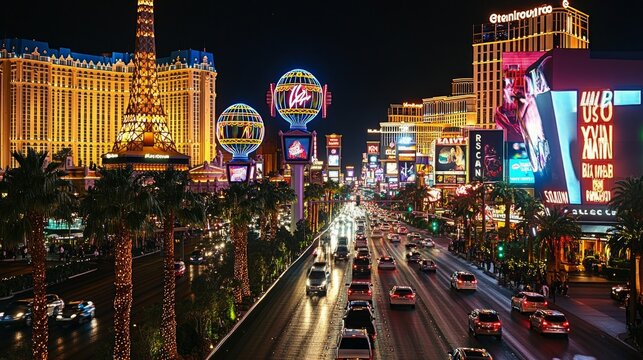 Night view of the Las Vegas Strip, with bright neon signs and busy streets. 