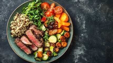 A diet-friendly plate featuring lean beef, roasted vegetables, and quinoa, artistically arranged to emphasize portion control. High quality illustration