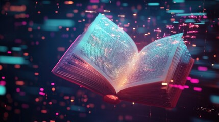 A floating 3D book with glowing pages in a digital space, with words and images dynamically flowing outward for an immersive experience. High quality illustration