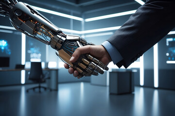 Abstract and creative image of handsshaking betwwen human and AI robot