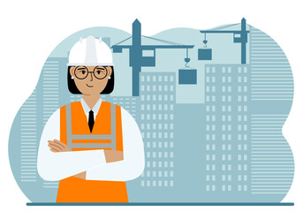 Engineer near houses under construction and construction cranes. Builder holds a large white sheet for text.