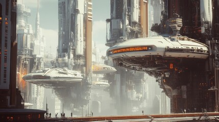 A futuristic urban development scene featuring advanced technology constructing floating buildings and sleek skyscrapers. High quality  illustration