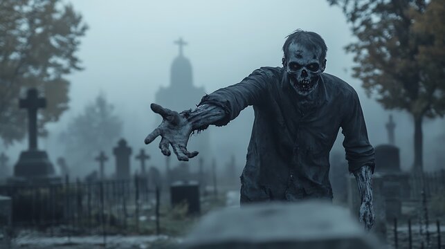 Realistic zombie reaching out with decayed hands in a misty cemetery