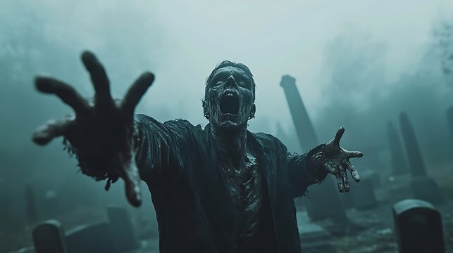 Realistic zombie reaching out with decayed hands in a misty cemetery