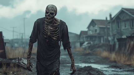 Realistic zombie with torn clothes and decayed skin wandering in a desolate town