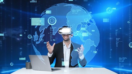 Smart project manager sharing marketing idea while sitting at table with laptop while wearing virtual reality glasses. Skilled businessman looking and checking at financial chart floating. Apparatus.