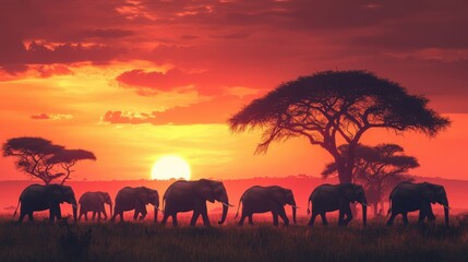 Fototapeta premium Herd of elephants silhouetted against a blazing sunset, walking across the African savanna with acacia trees framing the scene