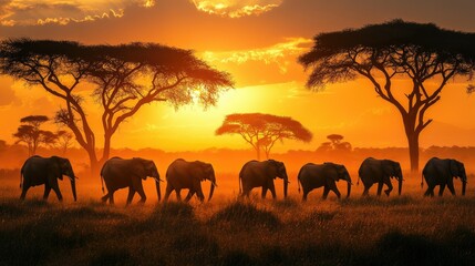 Fototapeta premium Herd of elephants silhouetted against a blazing sunset, walking across the African savanna with acacia trees framing the scene