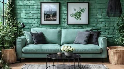 Green Sofa with Black Pillows and a Green Brick Wall