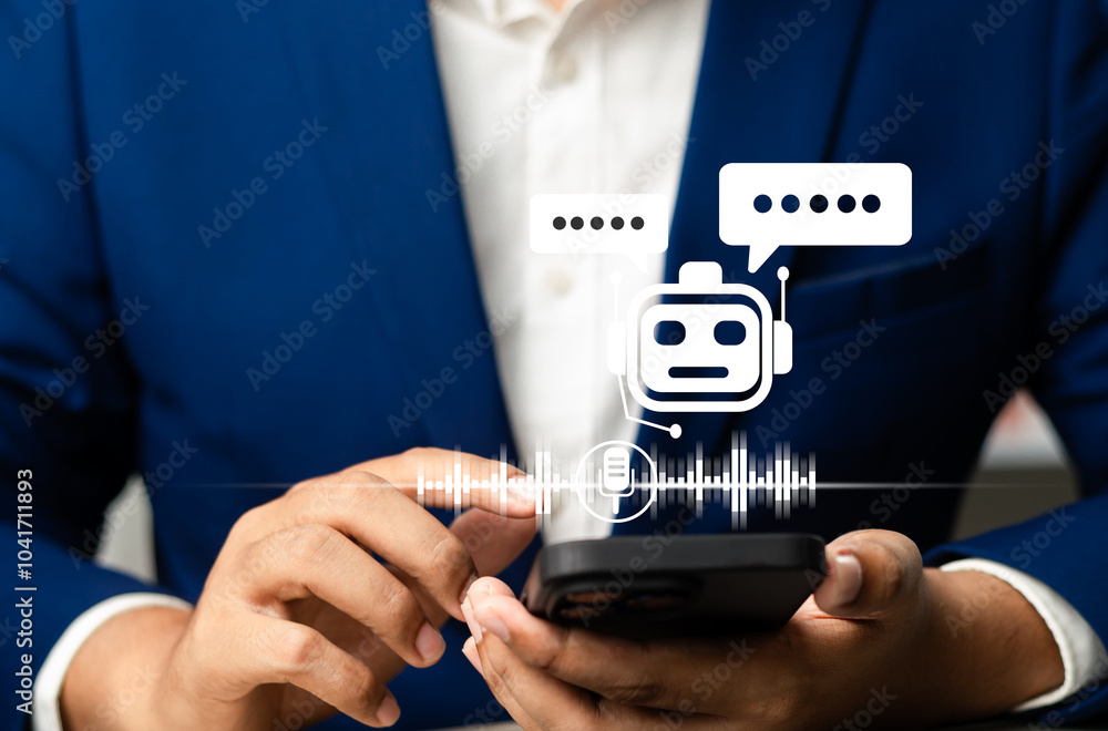 Poster ai artificial intelligence,digital chatbot, man chatting with digital assistant chatbot on mobilepho